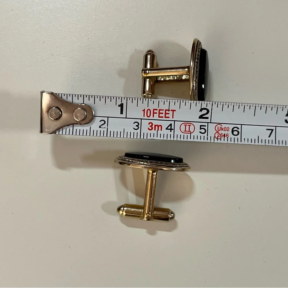 Vintage 60 70 Shield Victorian Oversized black onyx Brass Gold Cufflinks